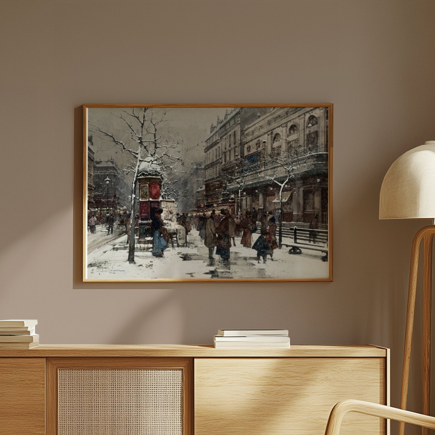 Premium Poster of Snowy Winter Street Scene with People Posters