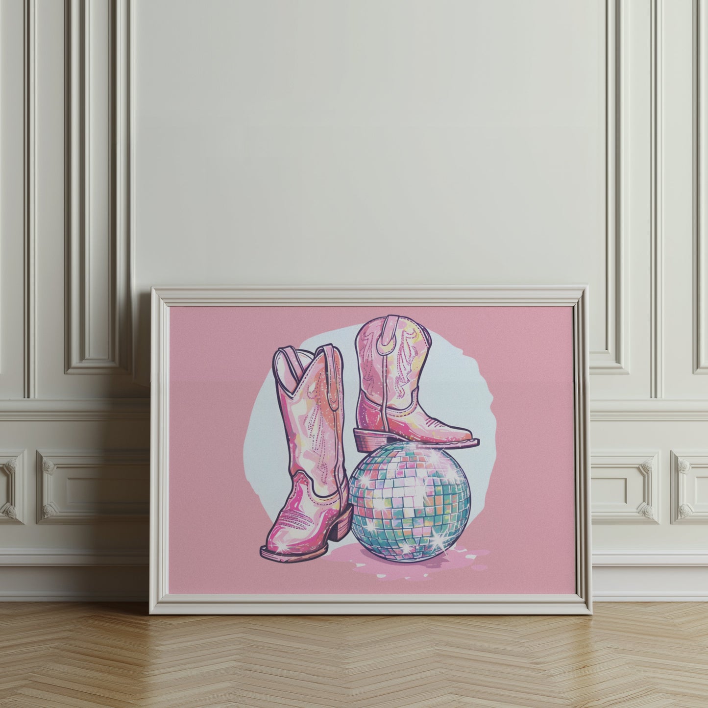 Premium Poster of Sparkling Cowboy Boots Disco Ball Art Print Posters
