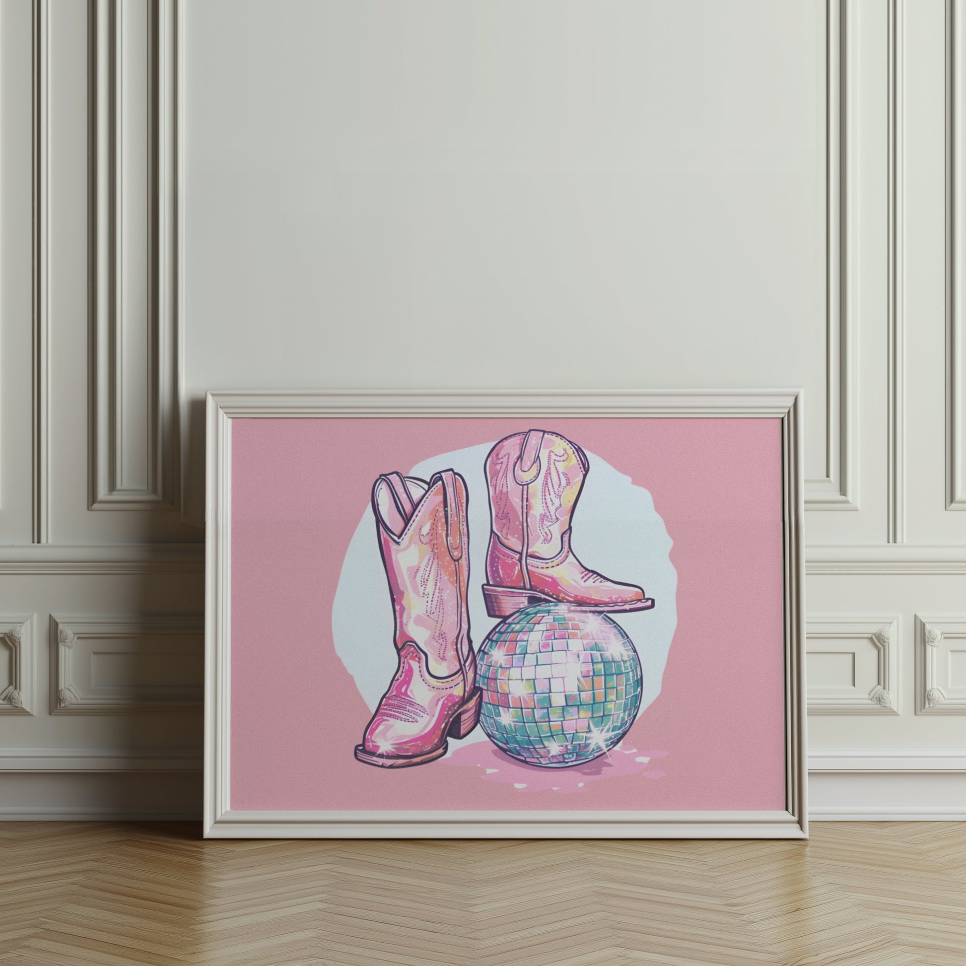 Premium Poster of Sparkling Cowboy Boots Disco Ball Art Print Posters
