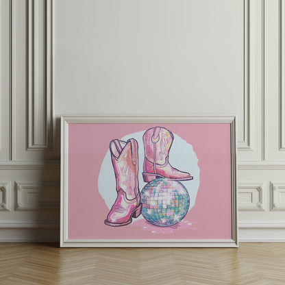 Premium Poster of Sparkling Cowboy Boots Disco Ball Art Print Posters
