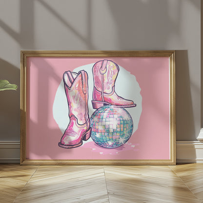 Premium Poster of Sparkling Cowboy Boots Disco Ball Art Print Posters
