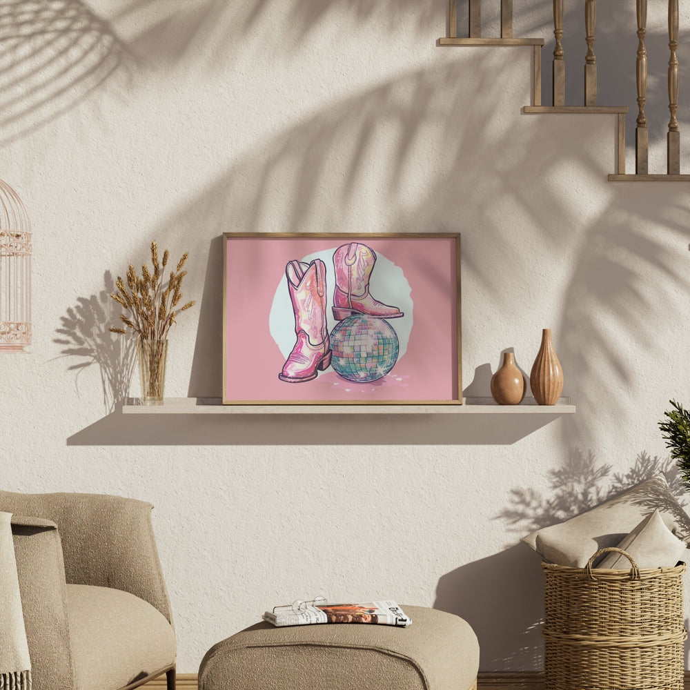 Premium Poster of Sparkling Cowboy Boots Disco Ball Art Print Posters