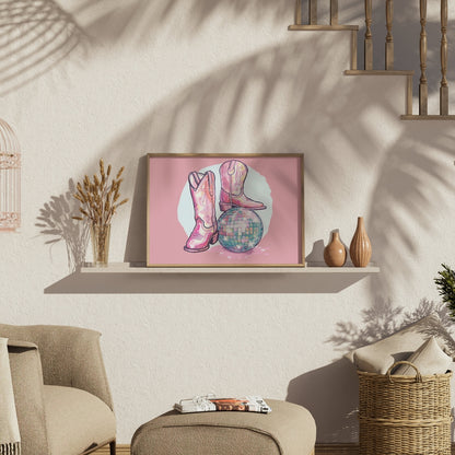Premium Poster of Sparkling Cowboy Boots Disco Ball Art Print Posters