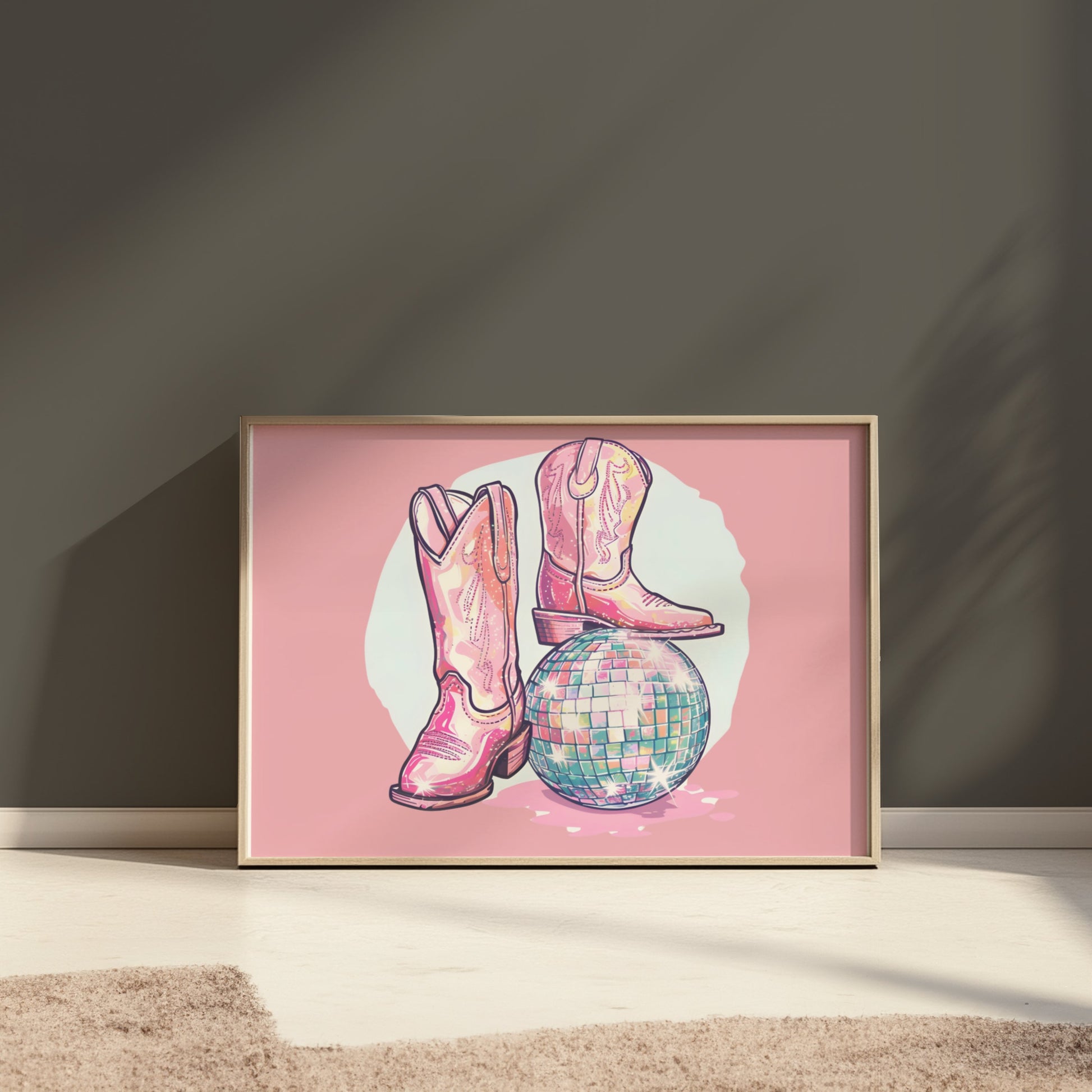 Premium Poster of Sparkling Cowboy Boots Disco Ball Art Print Posters