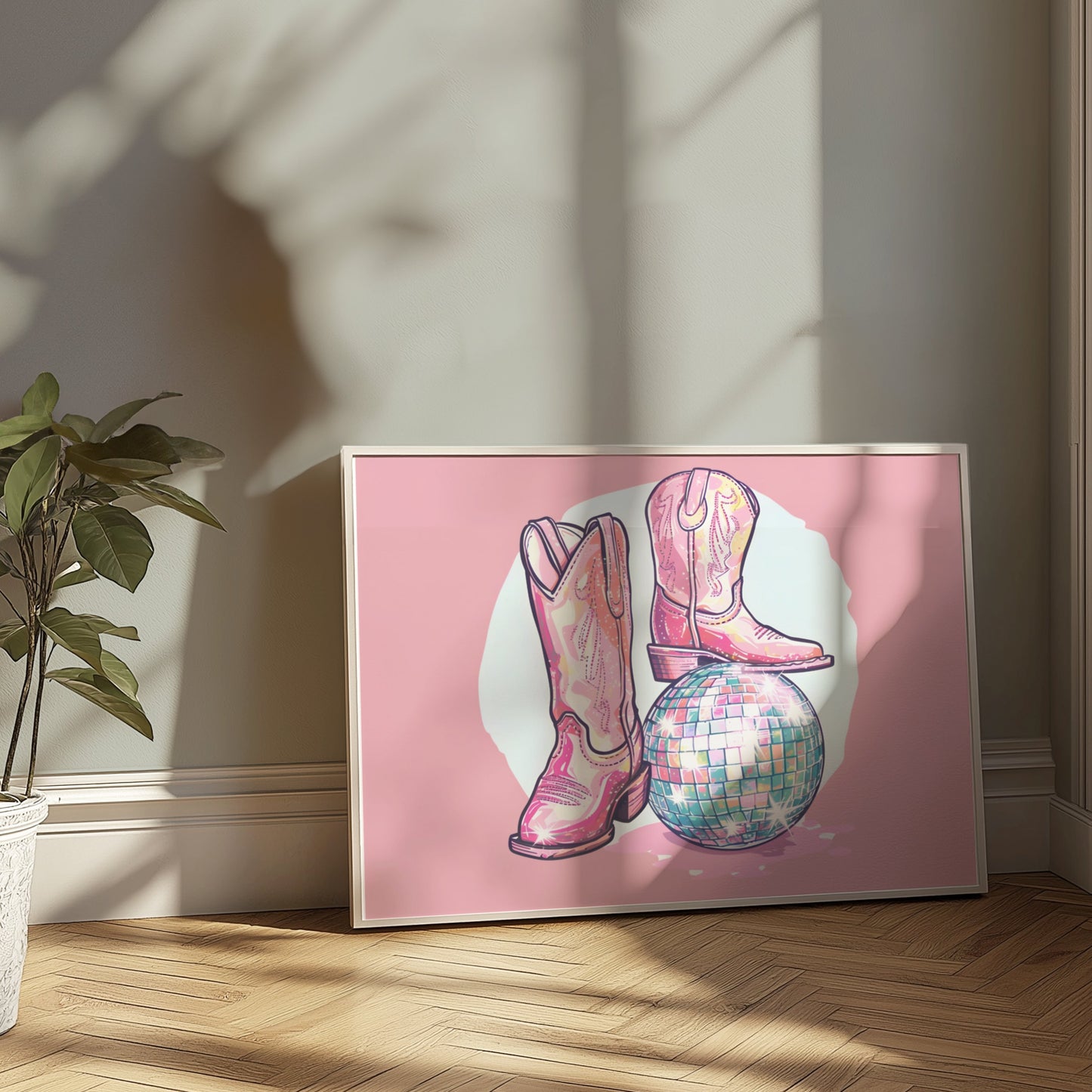 Premium Poster of Sparkling Cowboy Boots Disco Ball Art Print Posters