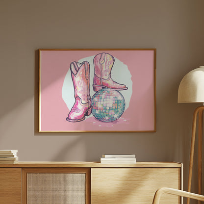 Premium Poster of Sparkling Cowboy Boots Disco Ball Art Print Posters