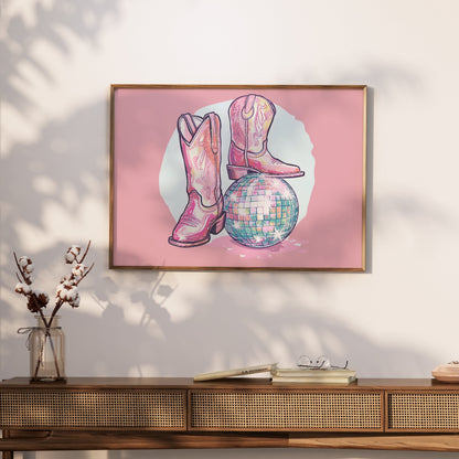 Premium Poster of Sparkling Cowboy Boots Disco Ball Art Print Posters