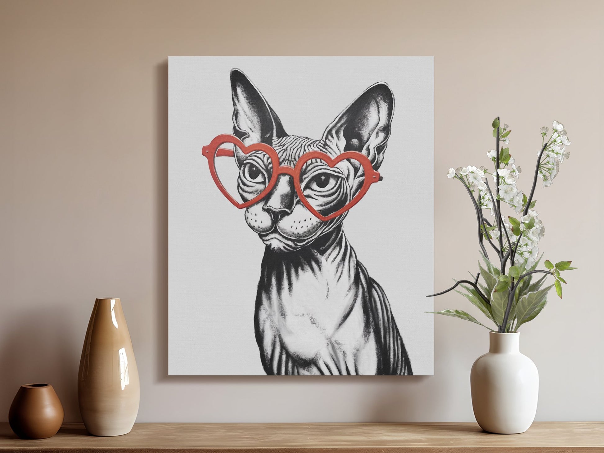 Premium Poster of Sphynx Cat Sketched with Heart Glasses Wall Art Canvas Wraps