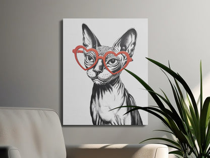 Premium Poster of Sphynx Cat Sketched with Heart Glasses Wall Art Canvas Wraps