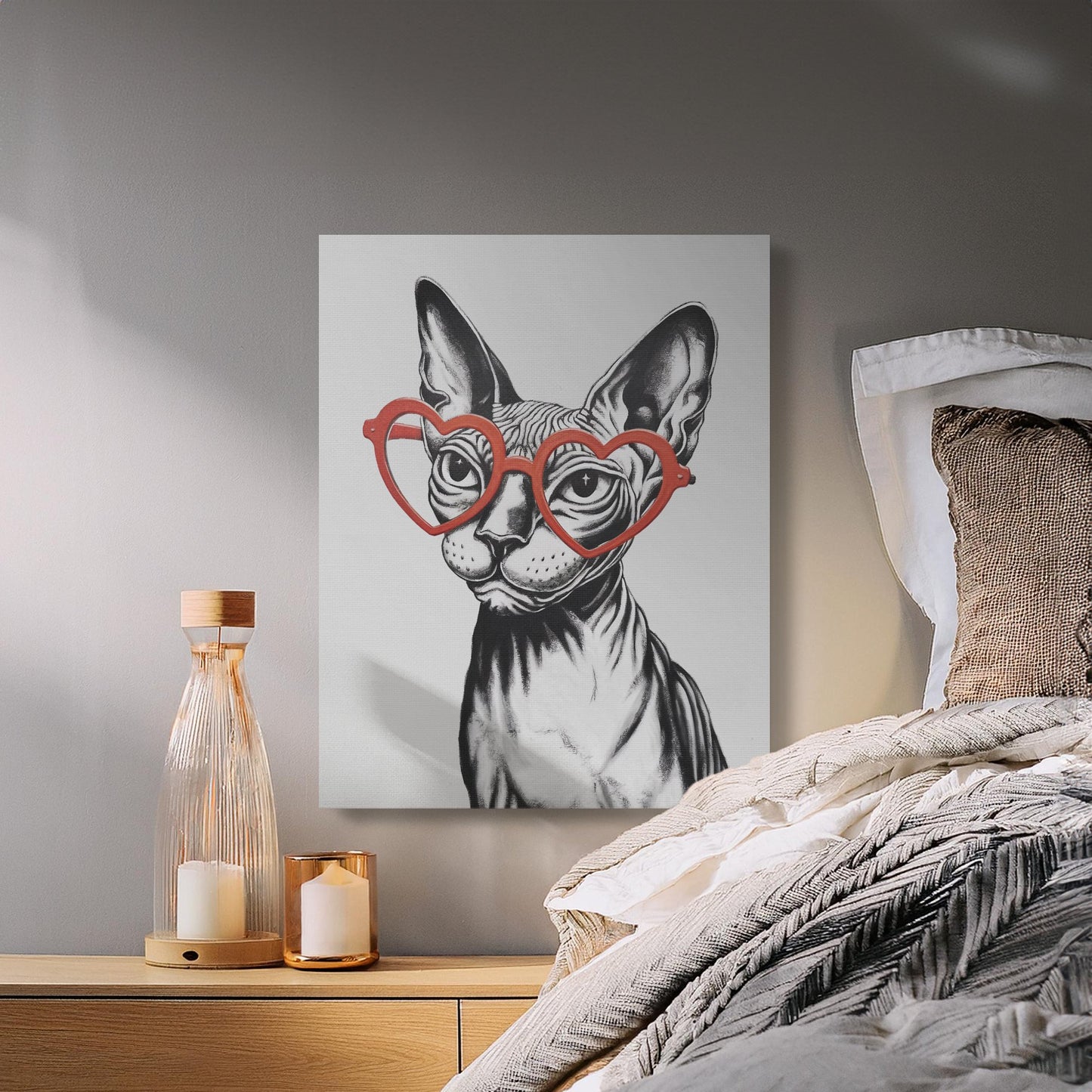 Premium Poster of Sphynx Cat Sketched with Heart Glasses Wall Art Canvas Wraps