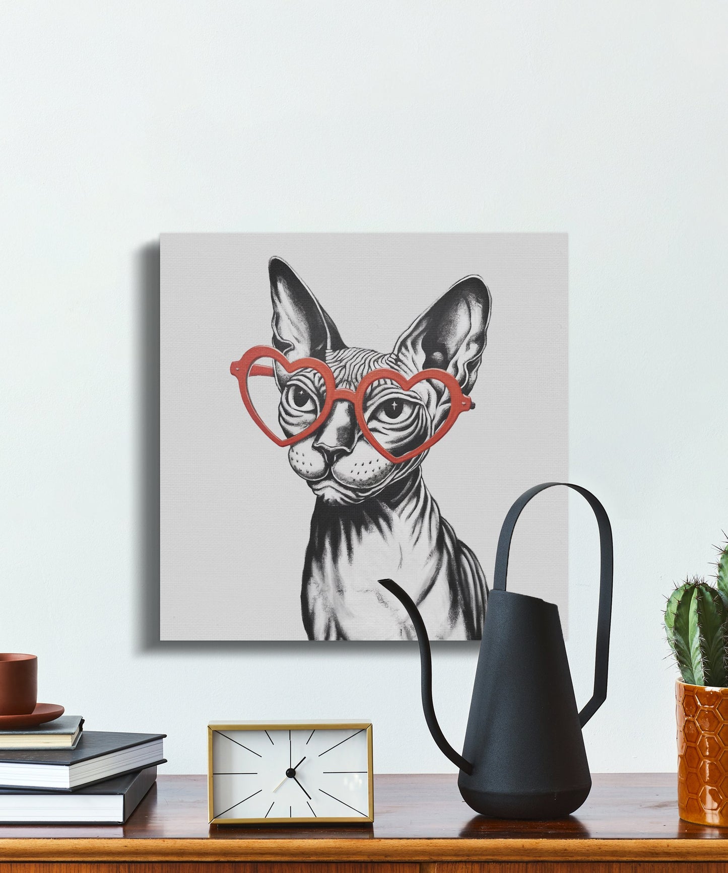 Premium Poster of Sphynx Cat Sketched with Heart Glasses Wall Art Canvas Wraps