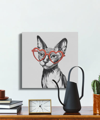 Premium Poster of Sphynx Cat Sketched with Heart Glasses Wall Art Canvas Wraps