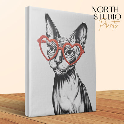 Premium Poster of Sphynx Cat Sketched with Heart Glasses Wall Art Canvas Wraps