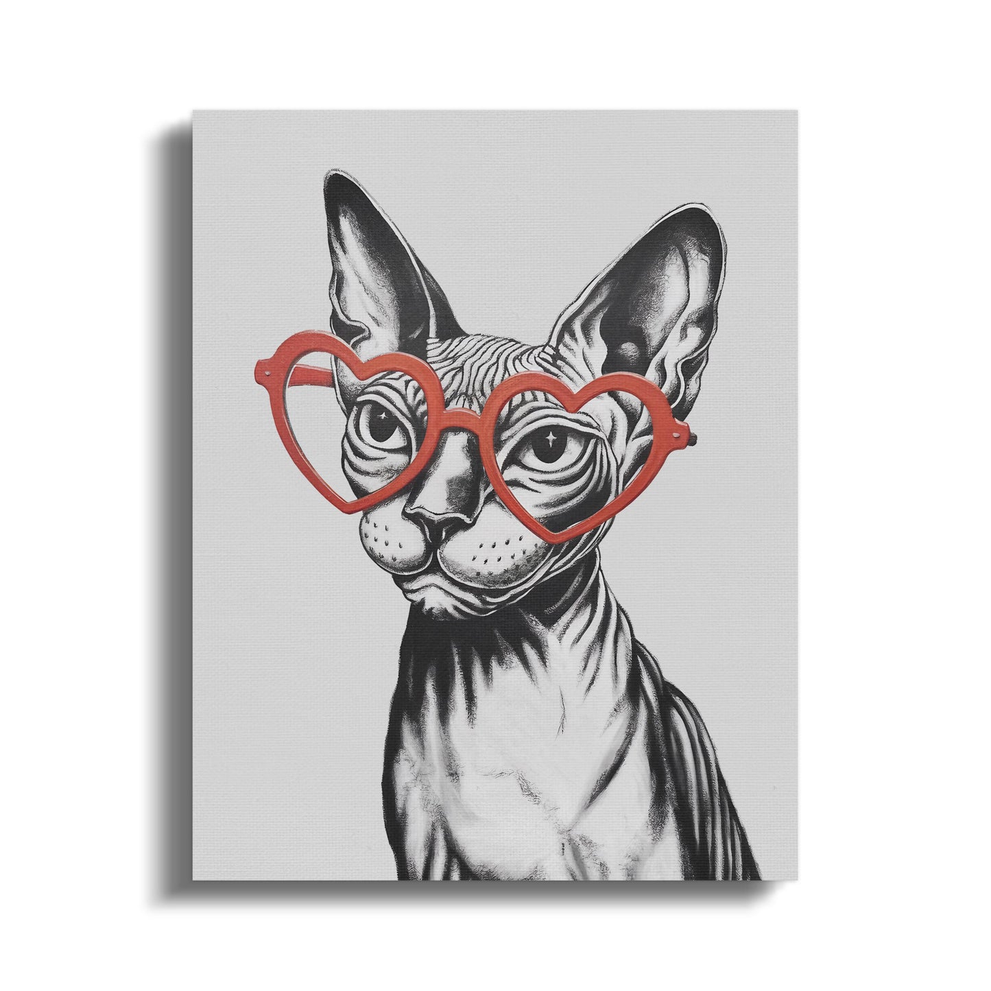 Premium Poster of Sphynx Cat Sketched with Heart Glasses Wall Art Canvas Wraps