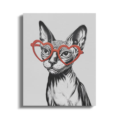 Premium Poster of Sphynx Cat Sketched with Heart Glasses Wall Art Canvas Wraps