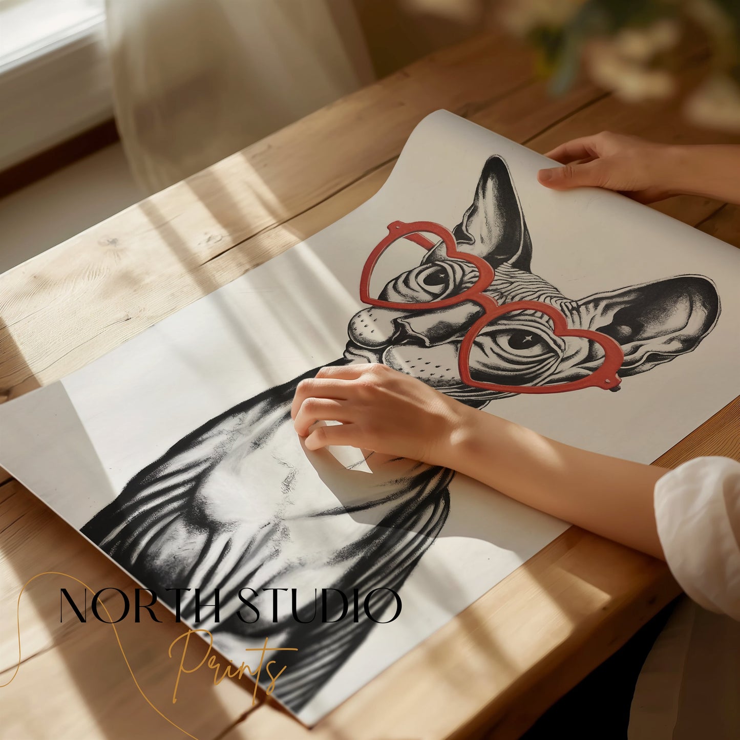 Premium Poster of Sphynx Cat Wearing Heart Shaped Glasses Art Posters