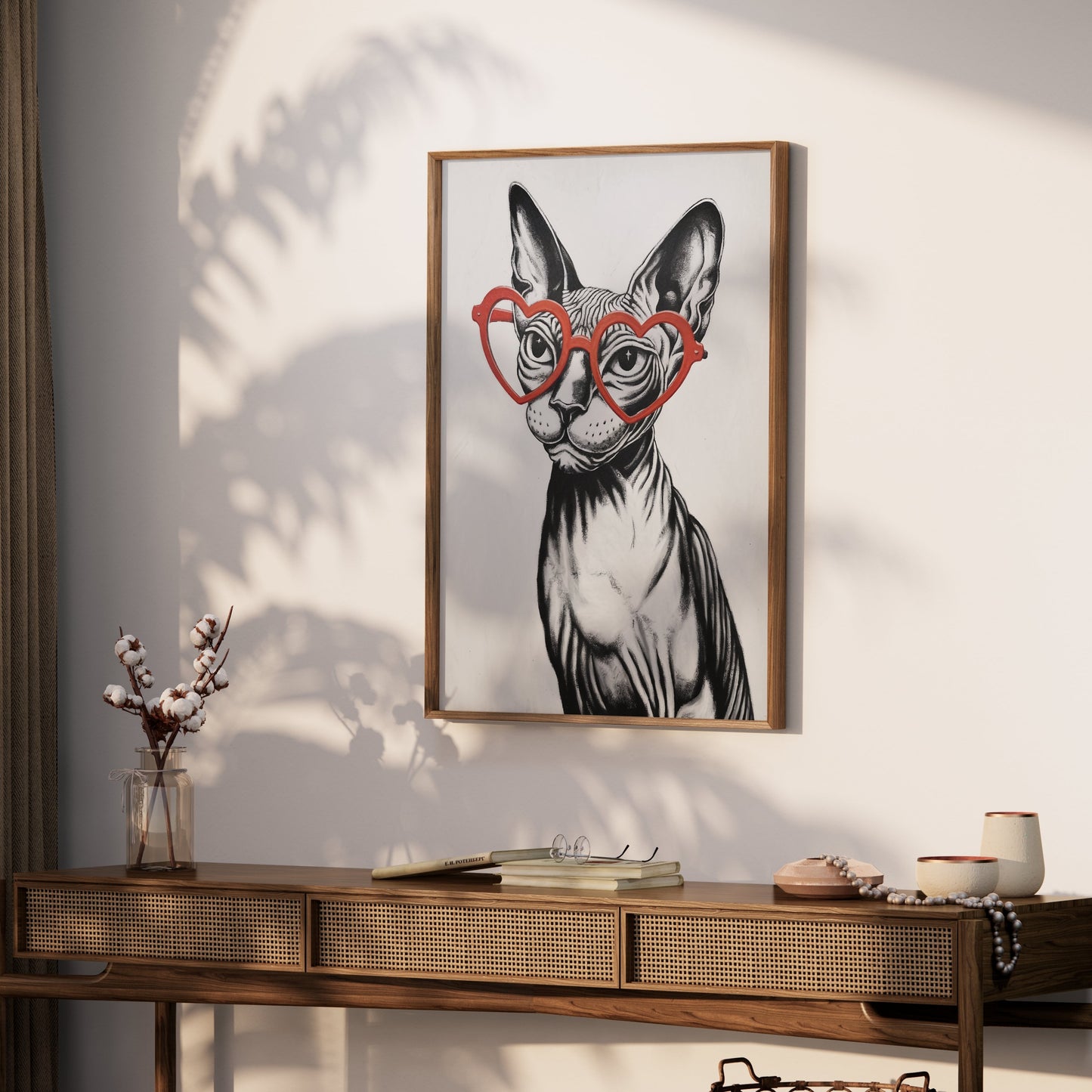 Premium Poster of Sphynx Cat Wearing Heart Shaped Glasses Art Posters