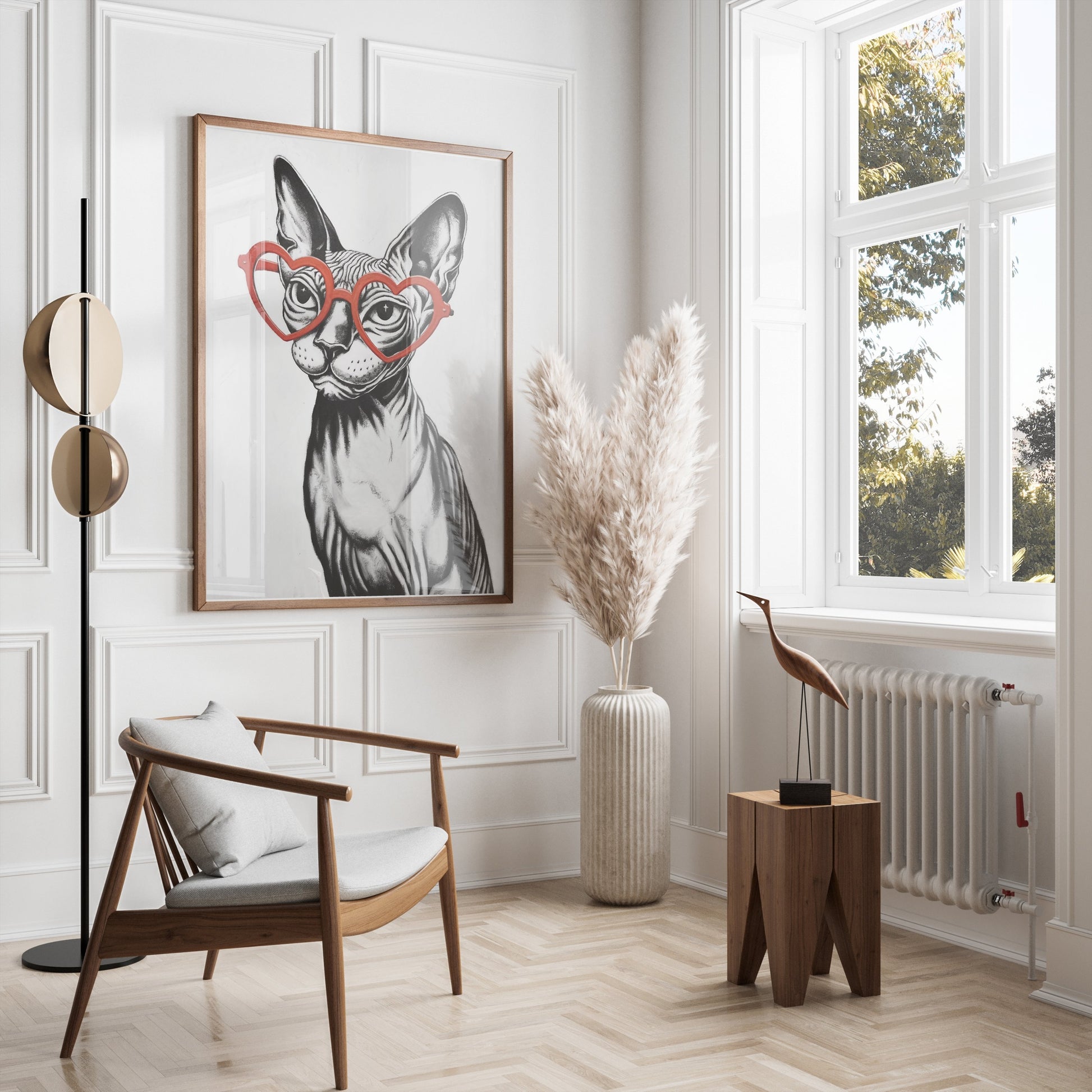 Premium Poster of Sphynx Cat Wearing Heart Shaped Glasses Art Posters