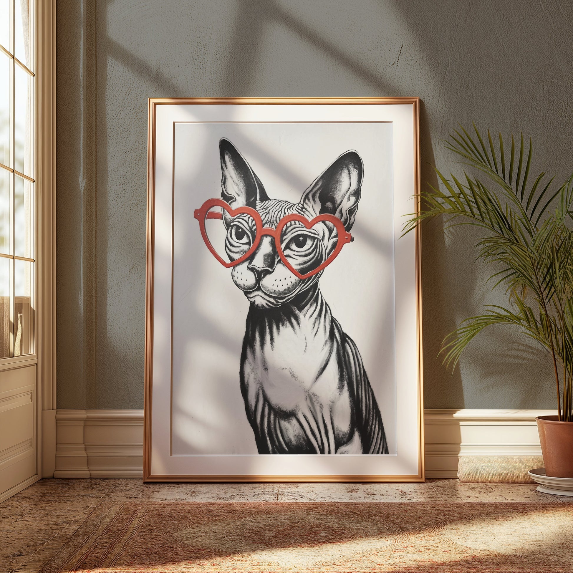 Premium Poster of Sphynx Cat Wearing Heart Shaped Glasses Art Posters