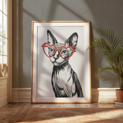 Premium Poster of Sphynx Cat Wearing Heart Shaped Glasses Art Posters