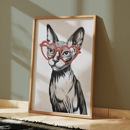 Premium Poster of Sphynx Cat Wearing Heart Shaped Glasses Art Posters
