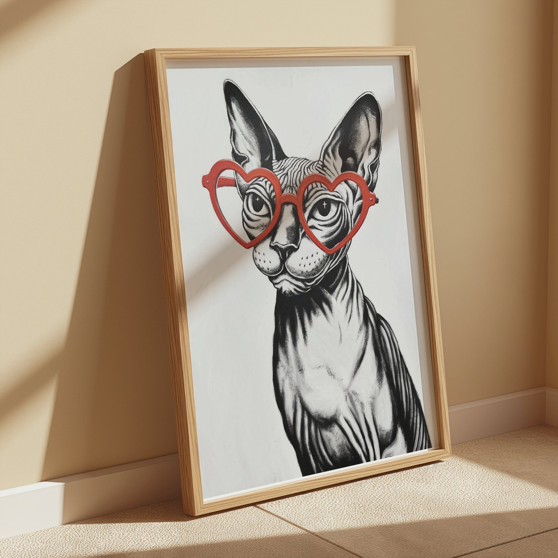 Premium Poster of Sphynx Cat Wearing Heart Shaped Glasses Art Posters