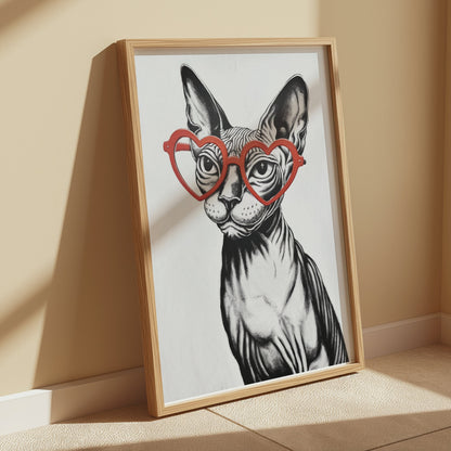 Premium Poster of Sphynx Cat Wearing Heart Shaped Glasses Art Posters