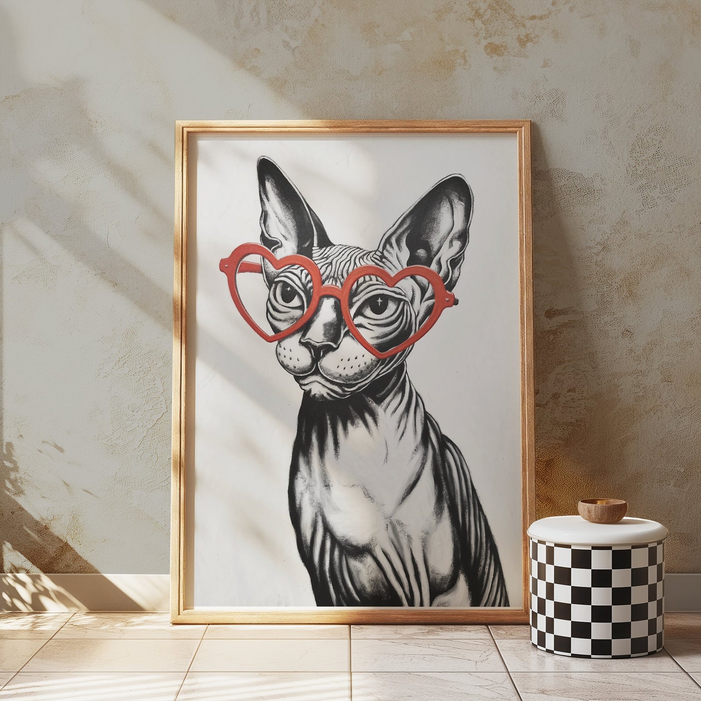 Premium Poster of Sphynx Cat Wearing Heart Shaped Glasses Art Posters