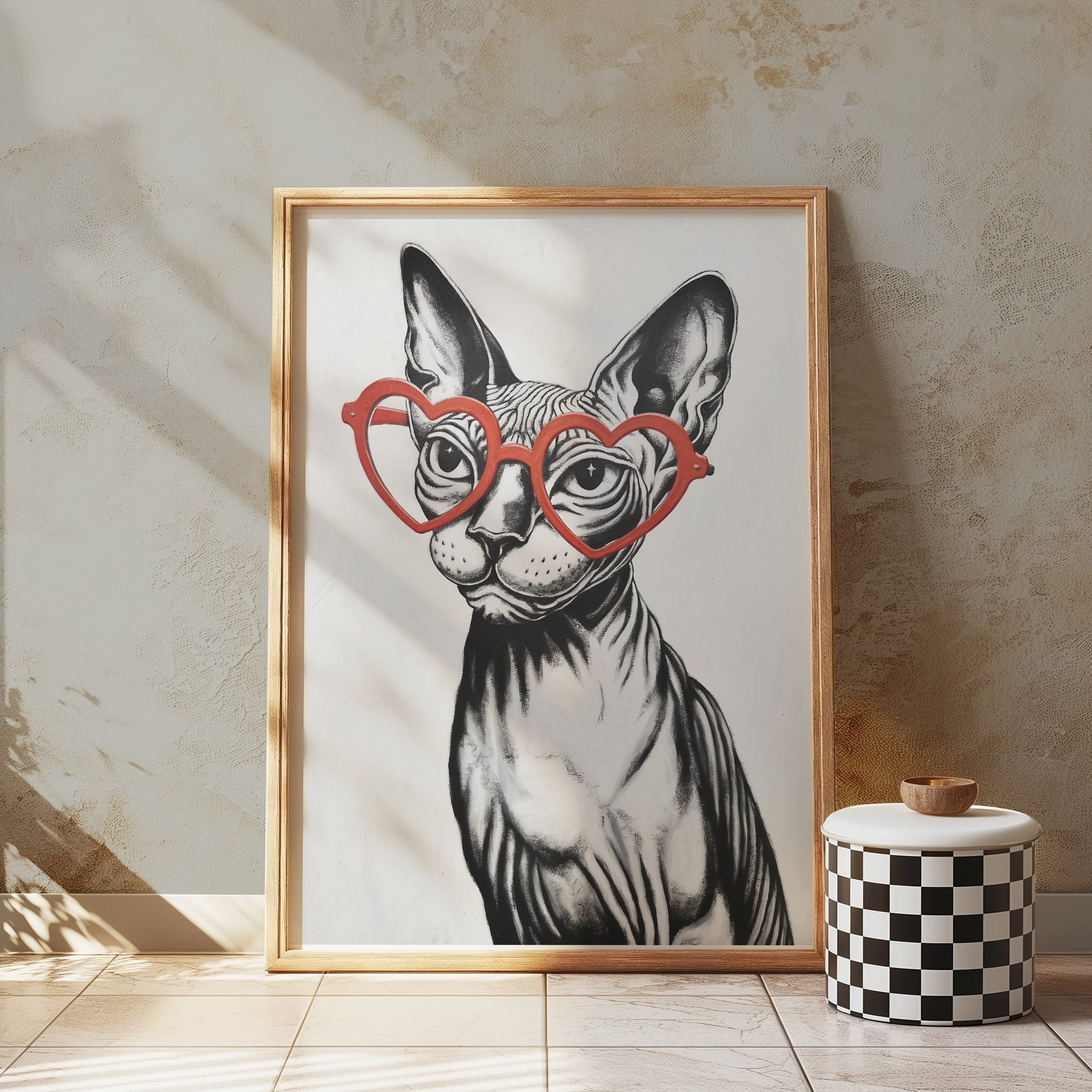 Premium Poster of Sphynx Cat Wearing Heart Shaped Glasses Art Posters