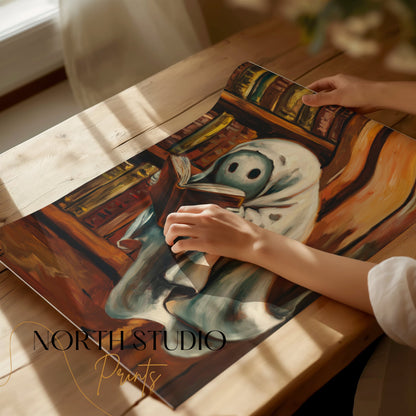 Premium Poster of Spooky Ghost Reading Book in Library Wall Art Posters