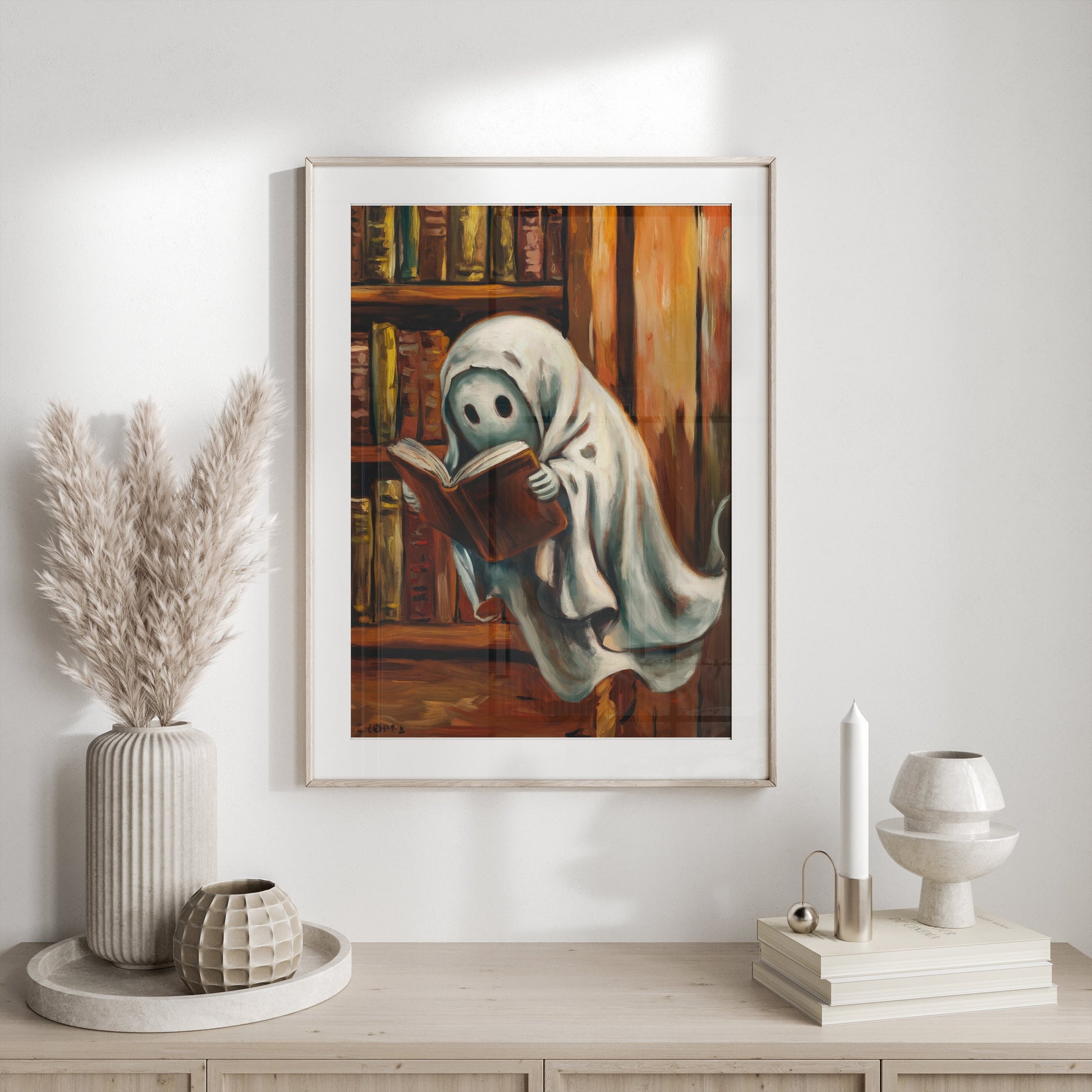 Premium Poster of Spooky Ghost Reading Book in Library Wall Art Posters