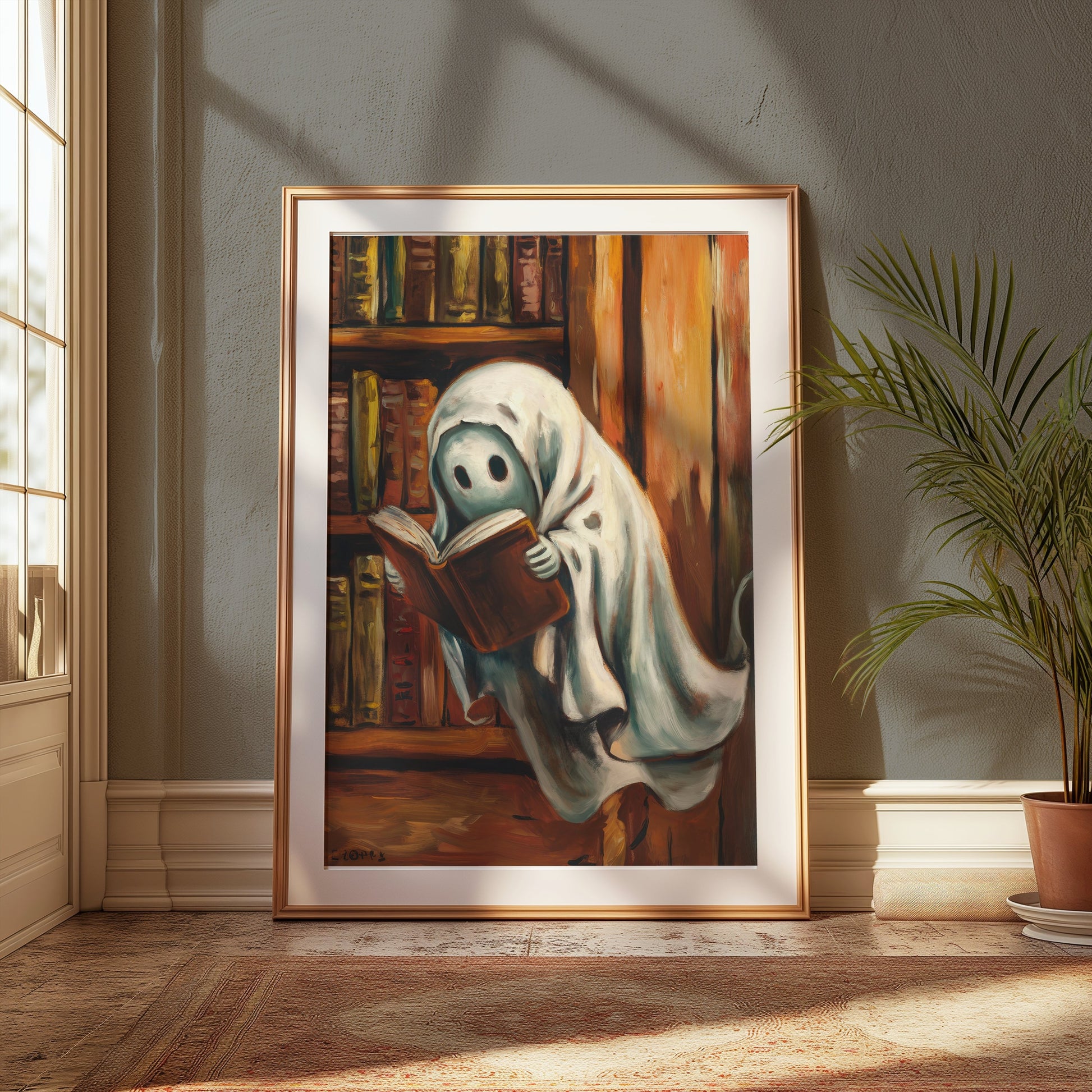Premium Poster of Spooky Ghost Reading Book in Library Wall Art Posters