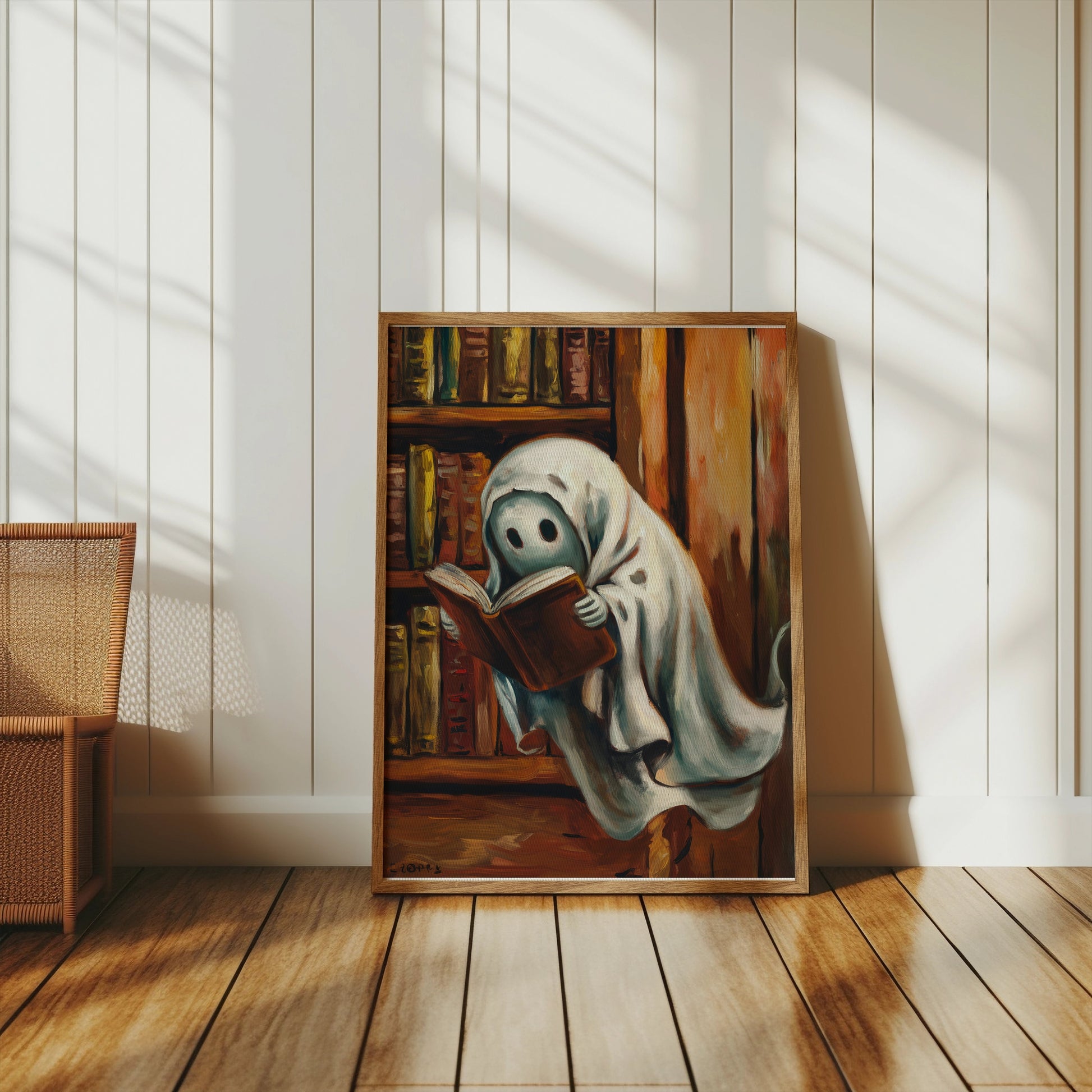 Premium Poster of Spooky Ghost Reading Book in Library Wall Art Posters