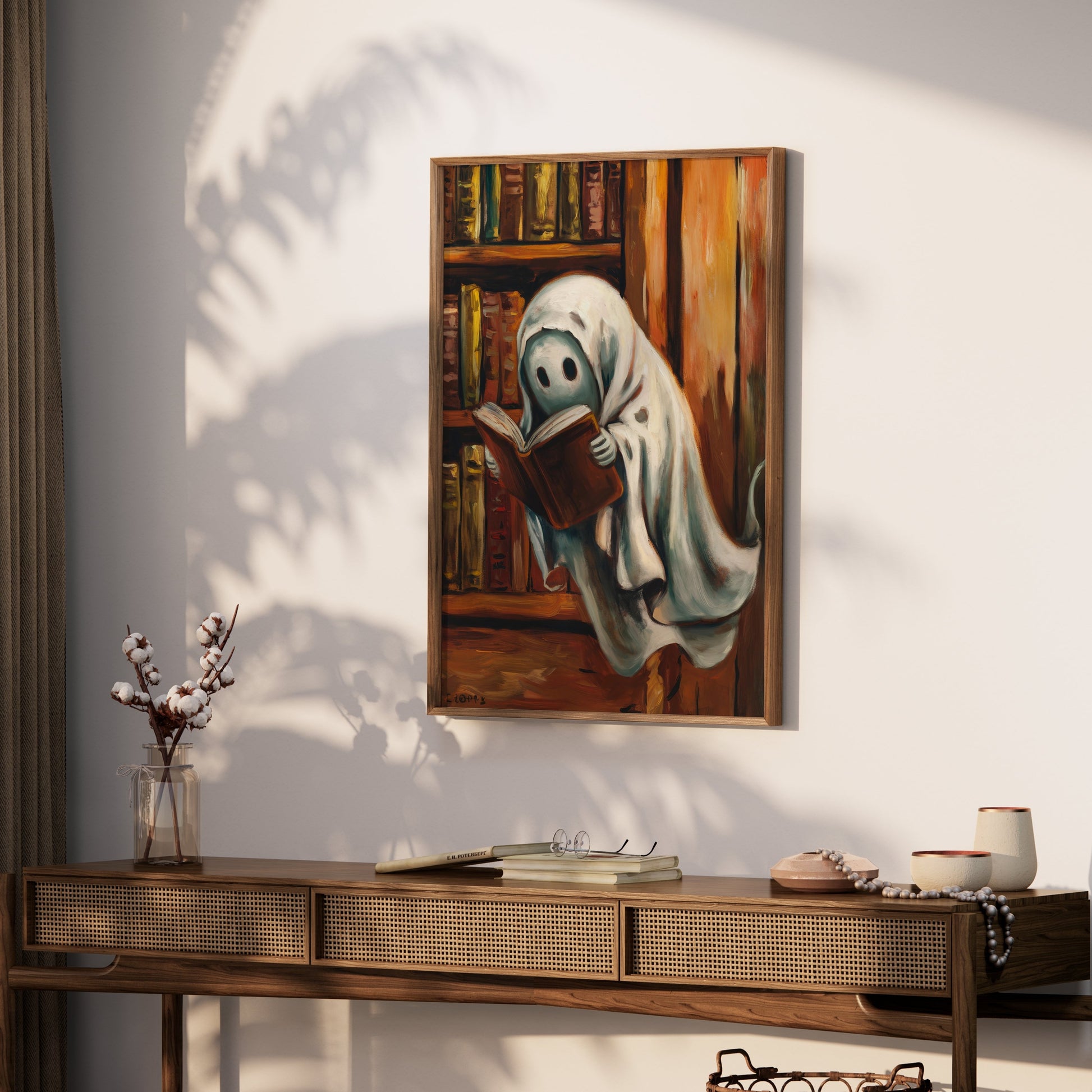 Premium Poster of Spooky Ghost Reading Book in Library Wall Art Posters