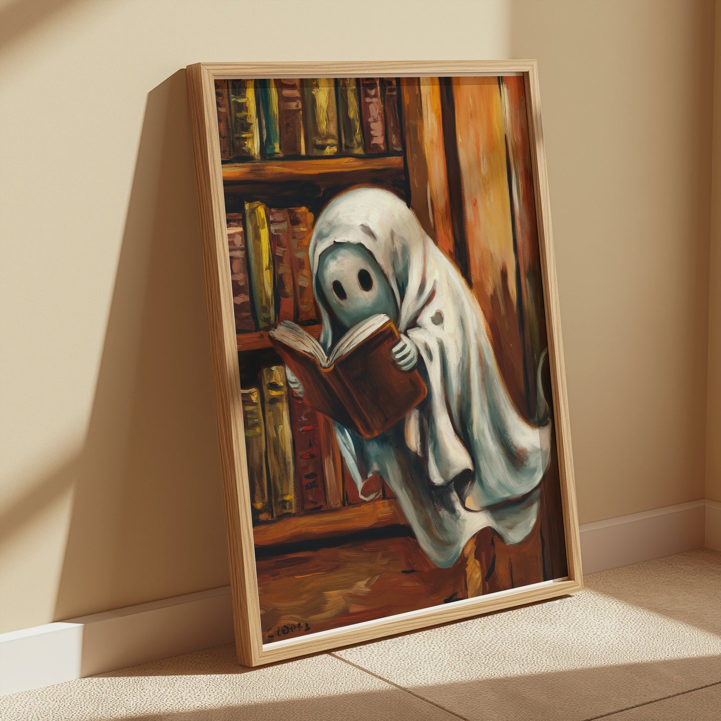 Premium Poster of Spooky Ghost Reading Book in Library Wall Art Posters
