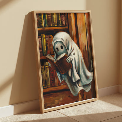 Premium Poster of Spooky Ghost Reading Book in Library Wall Art Posters