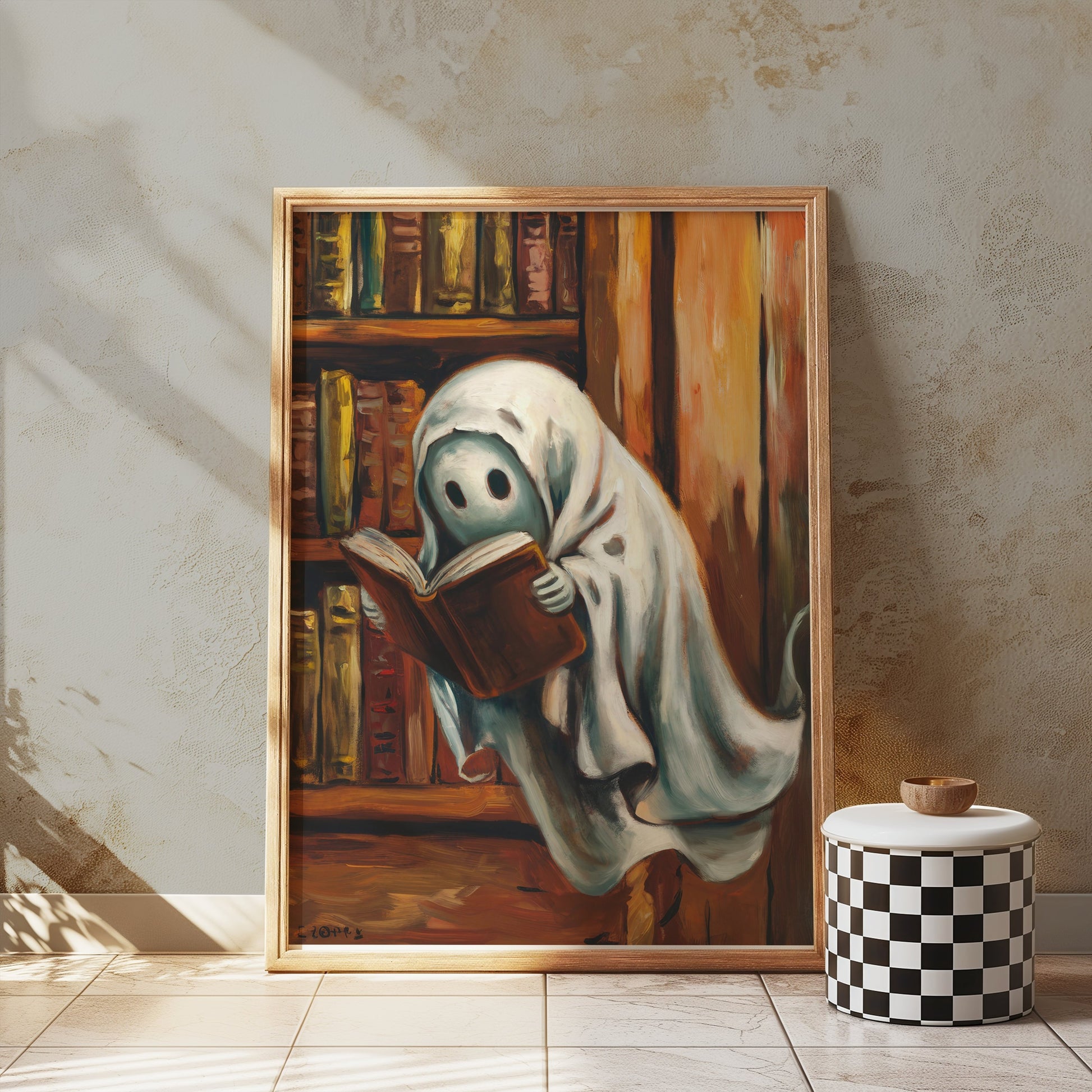 Premium Poster of Spooky Ghost Reading Book in Library Wall Art Posters