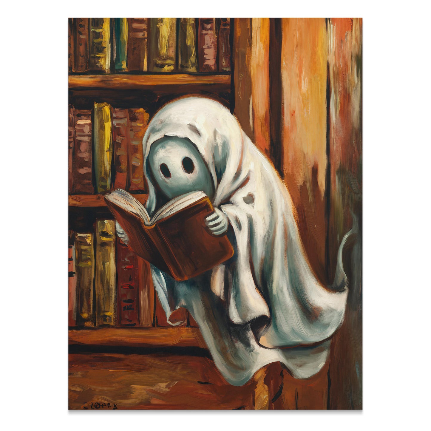 Premium Poster of Spooky Ghost Reading Book in Library Wall Art Posters