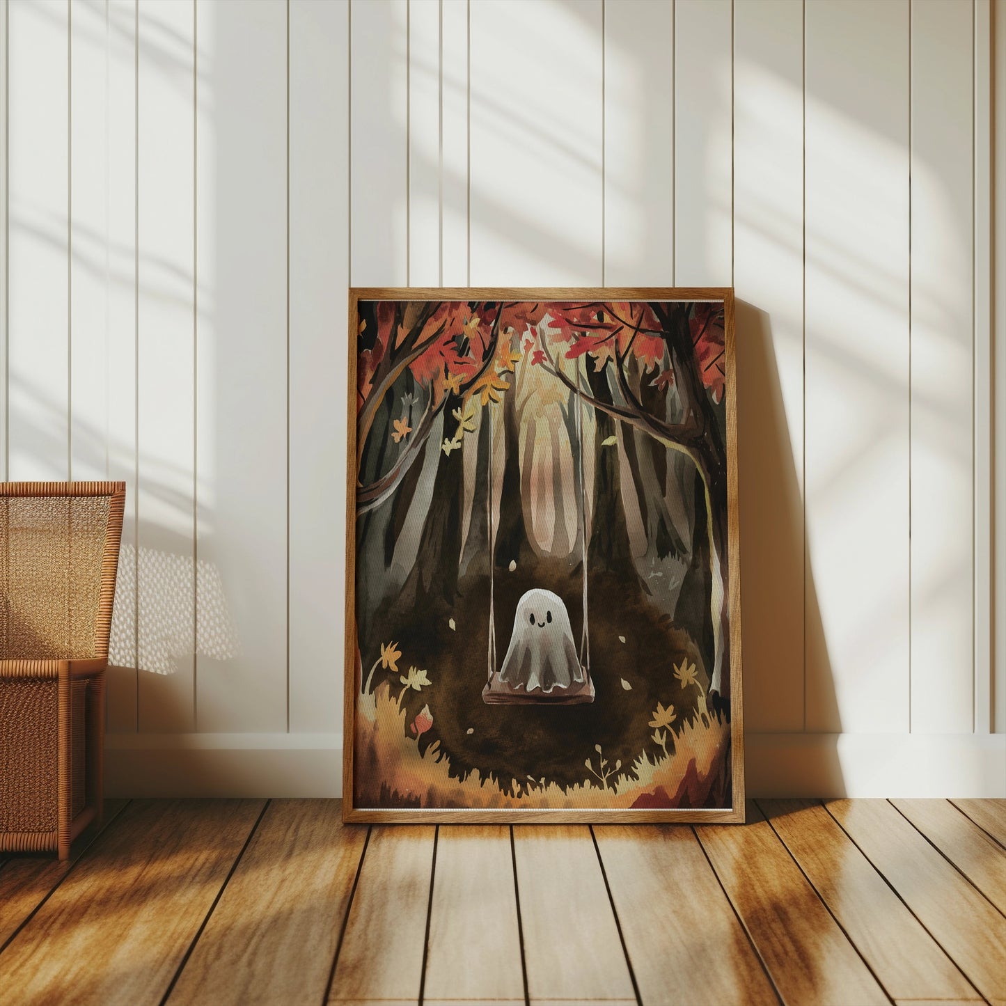 Premium Poster of Spooky Ghost on Swing in Autumn Forest Art Posters