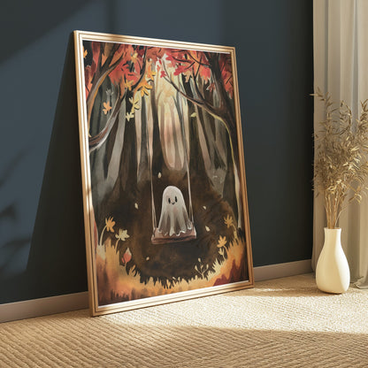 Premium Poster of Spooky Ghost on Swing in Autumn Forest Art Posters