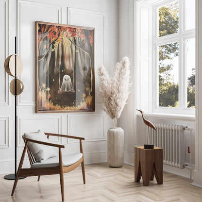 Premium Poster of Spooky Ghost on Swing in Autumn Forest Art Posters