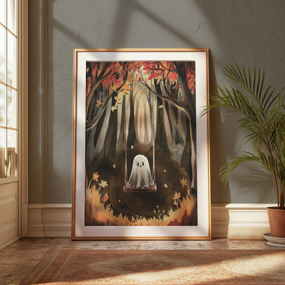 Premium Poster of Spooky Ghost on Swing in Autumn Forest Art Posters