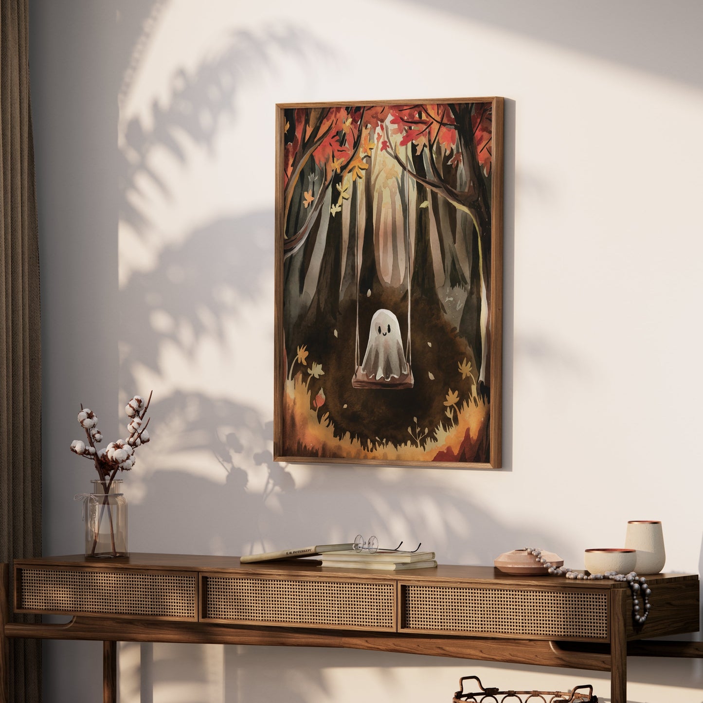 Premium Poster of Spooky Ghost on Swing in Autumn Forest Art Posters