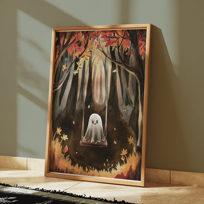Premium Poster of Spooky Ghost on Swing in Autumn Forest Art Posters