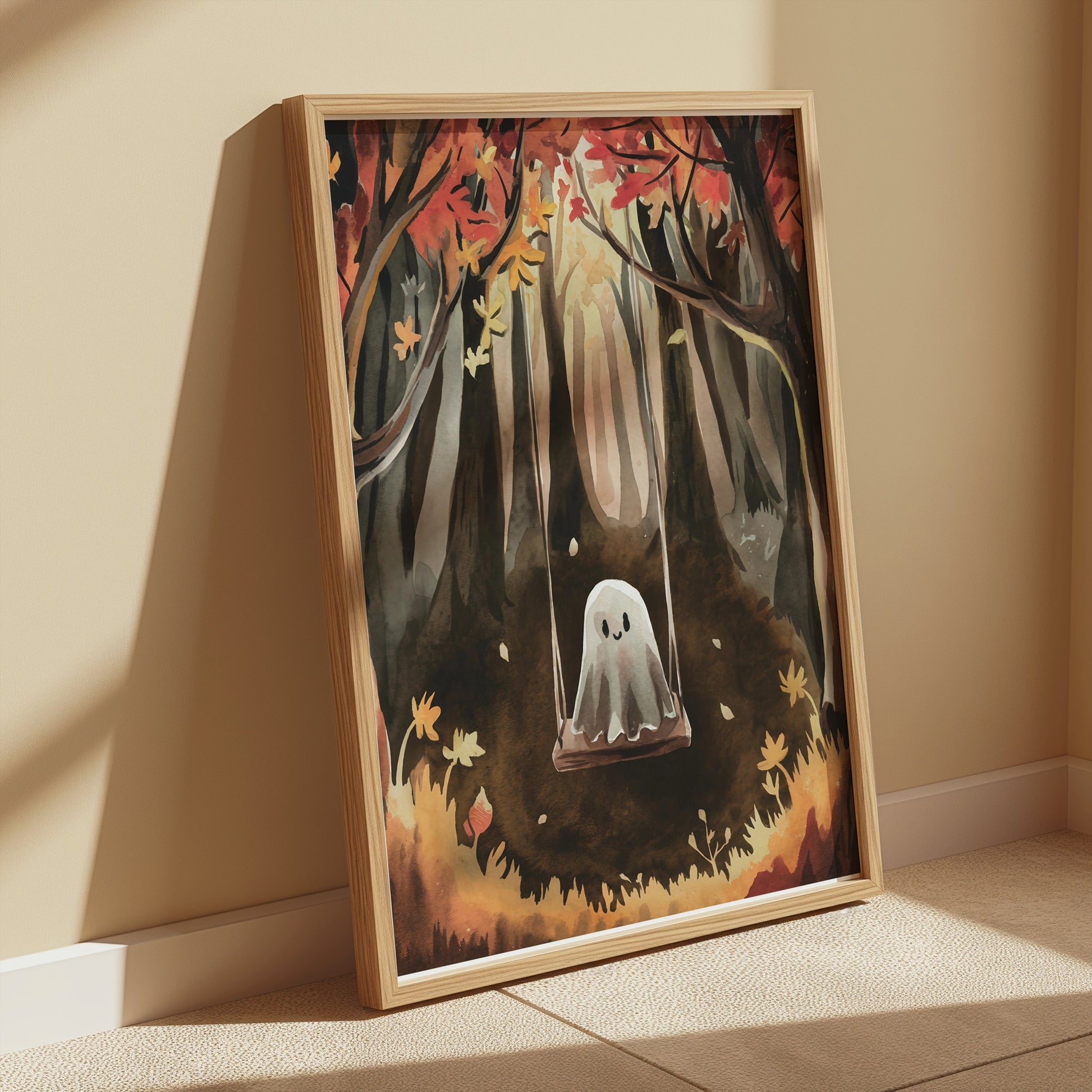 Premium Poster of Spooky Ghost on Swing in Autumn Forest Art Posters