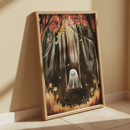 Premium Poster of Spooky Ghost on Swing in Autumn Forest Art Posters