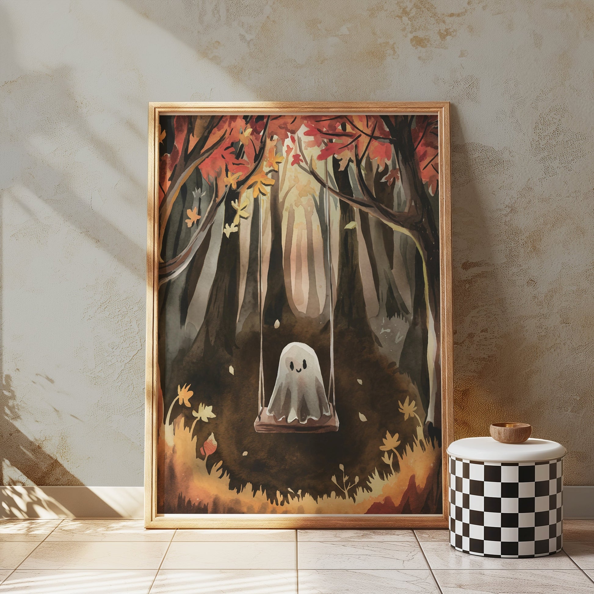 Premium Poster of Spooky Ghost on Swing in Autumn Forest Art Posters