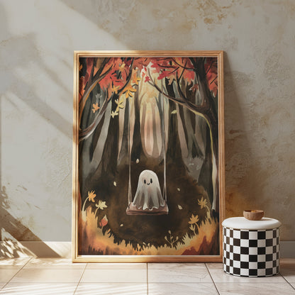 Premium Poster of Spooky Ghost on Swing in Autumn Forest Art Posters