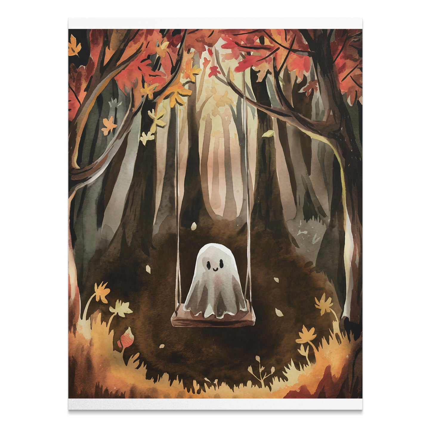 Premium Poster of Spooky Ghost on Swing in Autumn Forest Art Posters