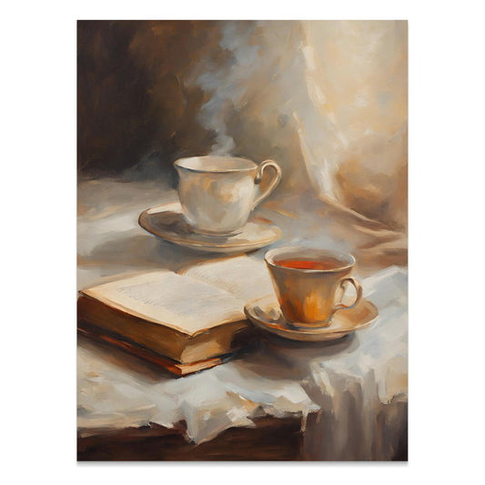 Premium Poster of Still Life With Coffee Cups and Open Book Posters